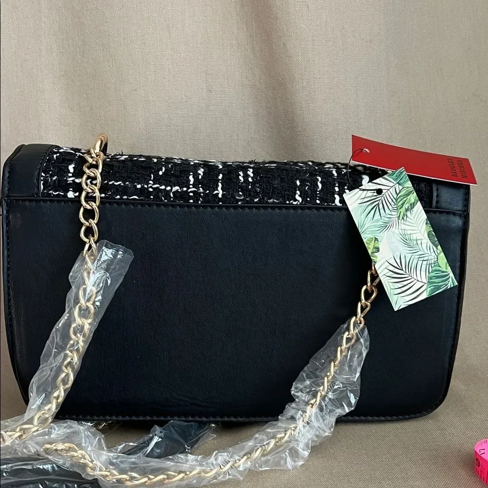Badgley Mischka Black Tweed Crossbody Bag Gold Chain NWT MSRP $129